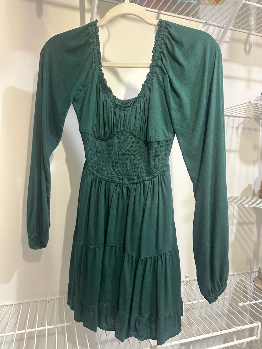 Hollister Forest Green Long-Sleeve Ruched Tiered Mini Dress